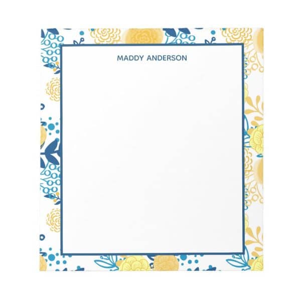 Personalized Notepad With A Blue And Yellow Floral Border.
