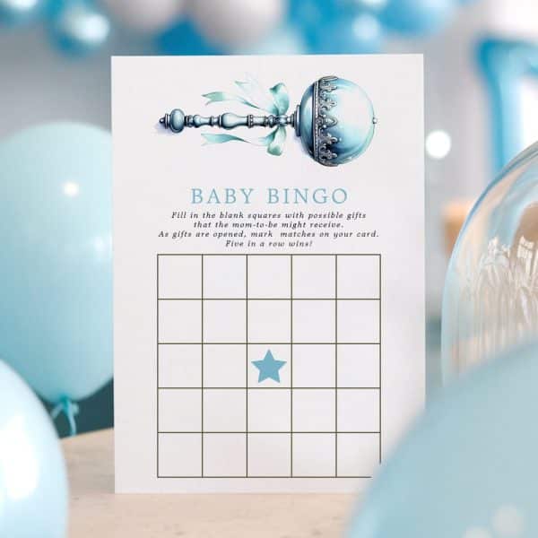 Baby Shower Bingo Card Featuring A Blue Rattle Illustration.