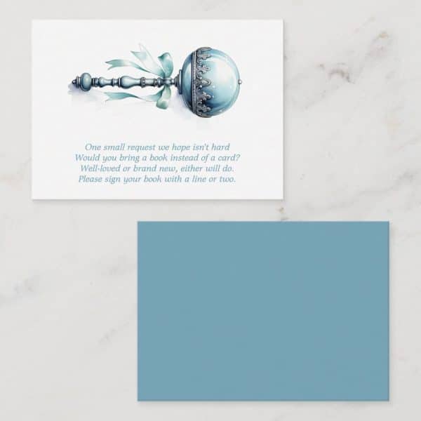 Baby Shower Request Card Featuring An Illustration Of An Ornate Rattle, Asking Guests To Bring A Book Instead Of A Card.
