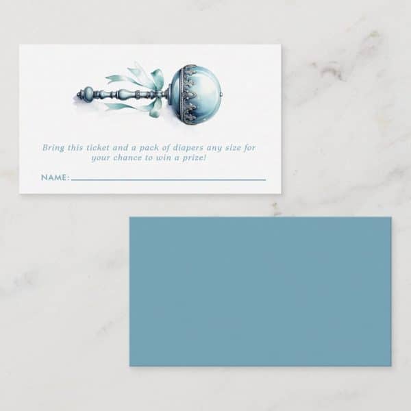 Baby Shower Raffle Ticket Featuring A Blue And Silver Rattle.