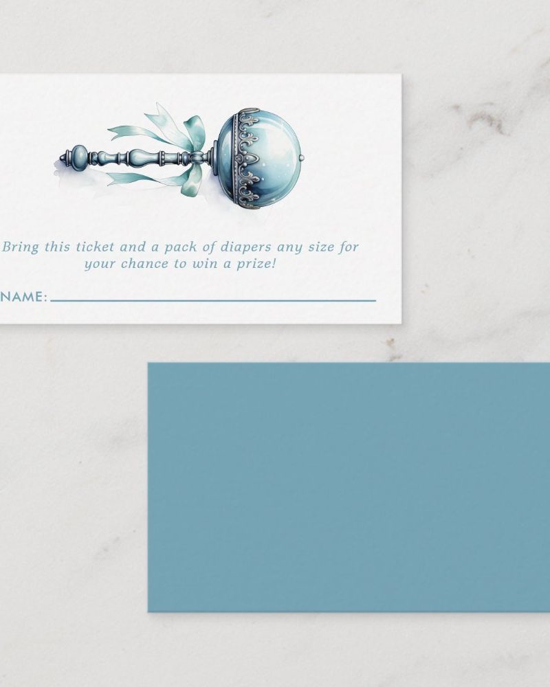 Baby shower raffle ticket featuring a blue and silver rattle.