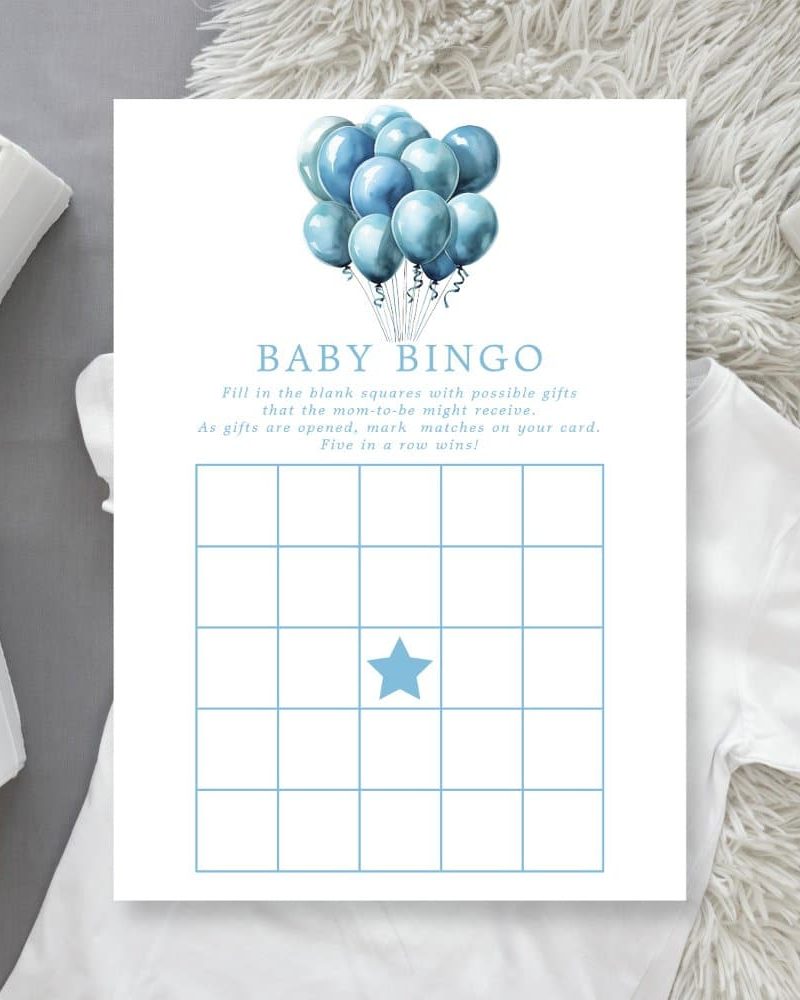 Blue Balloons Watercolor Boy Baby Shower Bingo Invitation