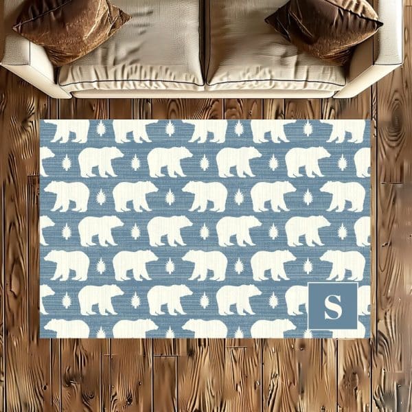 Blue Area Rug With A Repeating Pattern Of White Polar Bears And Stars, Personalized With A Monogrammed S.