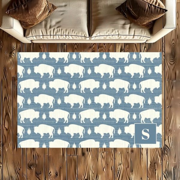 Blue Area Rug With A Repeating Pattern Of White Bison Silhouettes. The Rug Has A Monogrammed Initial S In The Lower Right Corner.