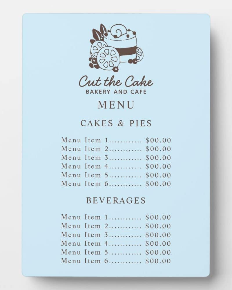 Light blue menu for Cut the Cake bakery and cafe, featuring cakes and pies, and beverages.