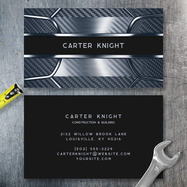 Business Card For Carter Knight Construction &Amp; Building. The Card Features A Metallic Design.