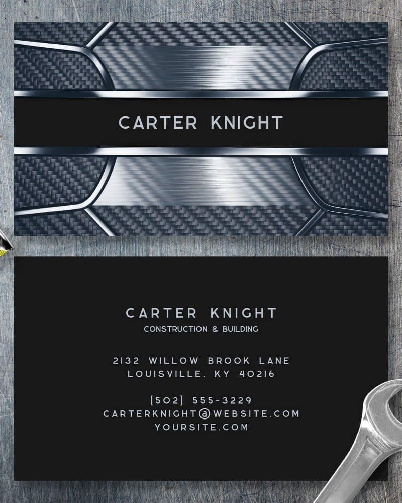 Business card for Carter Knight Construction & Building. The card features a metallic design.