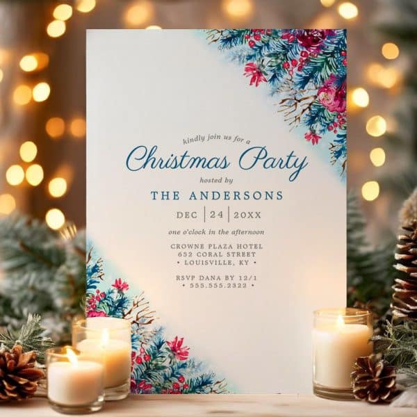 Christmas Party Invitation With Winter Floral Design.