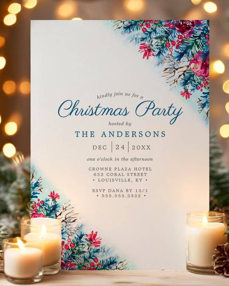 Christmas party invitation with winter floral design.