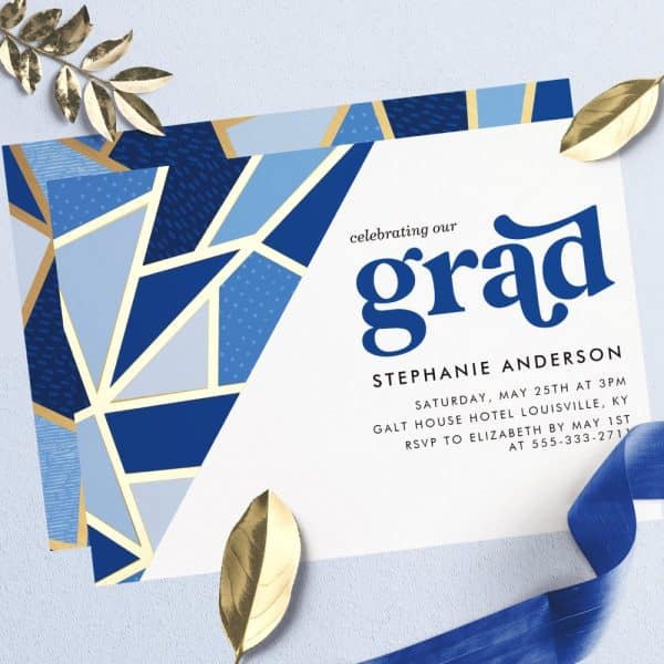 Graduation Party Invitation For Stephanie Anderson, Featuring A Geometric Blue And Gold Design.