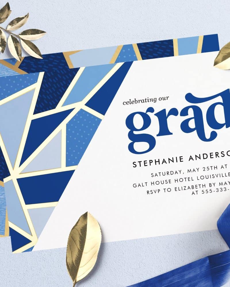 Graduation party invitation for Stephanie Anderson, featuring a geometric blue and gold design.