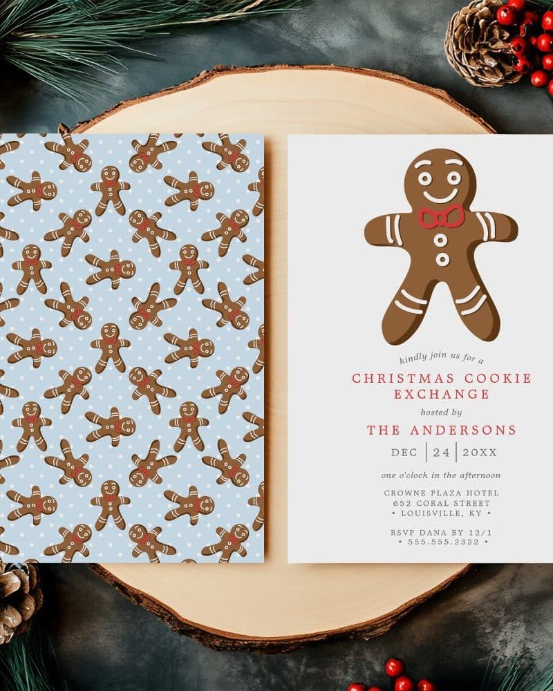 Christmas cookie exchange invitation featuring a gingerbread man.