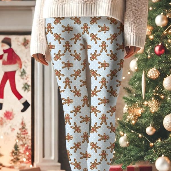 Light Blue Leggings With A Repeating Pattern Of Gingerbread Men.