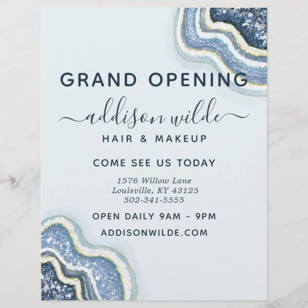 Grand Opening Announcement For Addison Wilde Hair &Amp; Makeup, Featuring A Blue Agate Design.