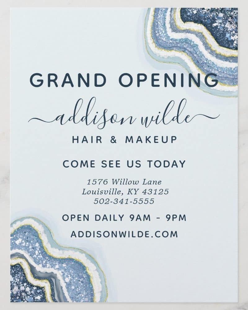 Grand opening announcement for Addison Wilde Hair & Makeup, featuring a blue agate design.