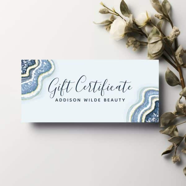 Addison Wilde Beauty Gift Certificate Featuring A Blue And Gold Agate Design.