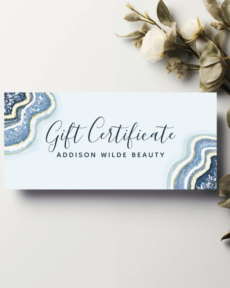 Addison Wilde Beauty gift certificate featuring a blue and gold agate design.
