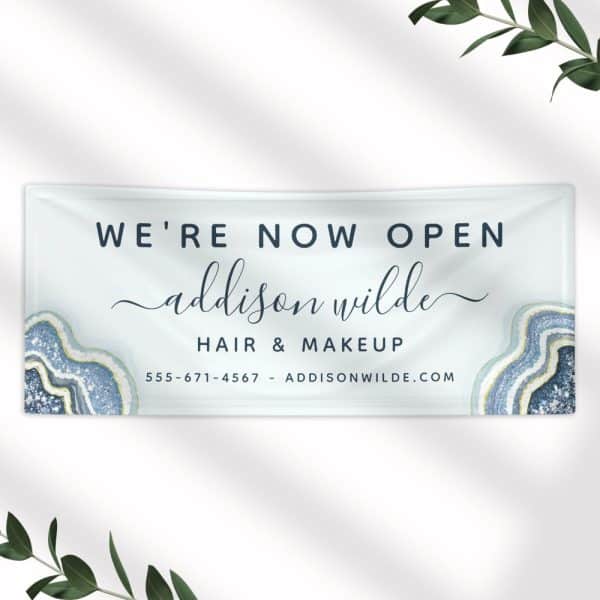 A Grand Opening Banner For Addison Wilde Hair &Amp; Makeup. The Banner Features A Light Blue Agate Design.
