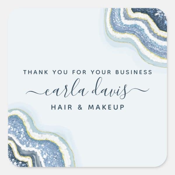Thank You Card For Carla Davis Hair &Amp; Makeup, Featuring A Blue And Gold Agate Design.