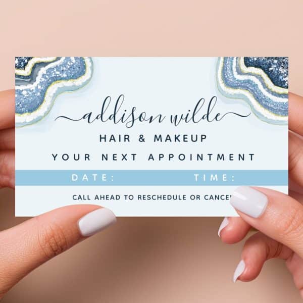 Appointment Card For Addison Wilde Hair &Amp; Makeup, Featuring A Blue And Gold Agate Design.