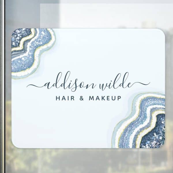 Addison Wilde Hair &Amp; Makeup Business Logo With Blue And Gold Agate Designs.