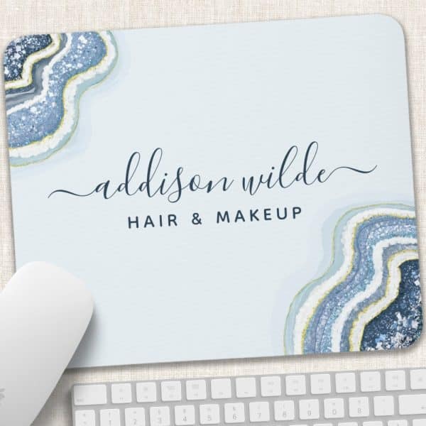 Blue And Gold Glitter Agate Design Mousepad With Addison Wilde Hair &Amp; Makeup Text.