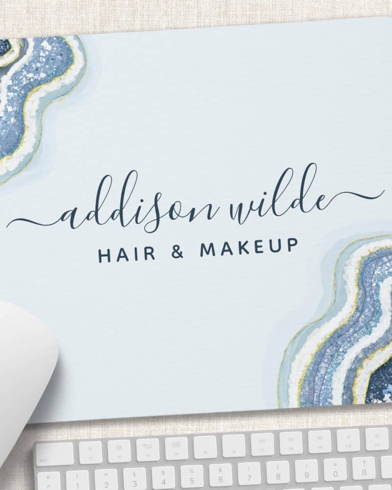 Blue and gold glitter agate design mousepad with Addison Wilde Hair & Makeup text.