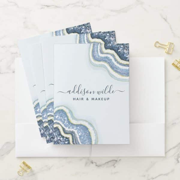 Stack Of Hair And Makeup Business Cards Featuring A Blue Agate Design.