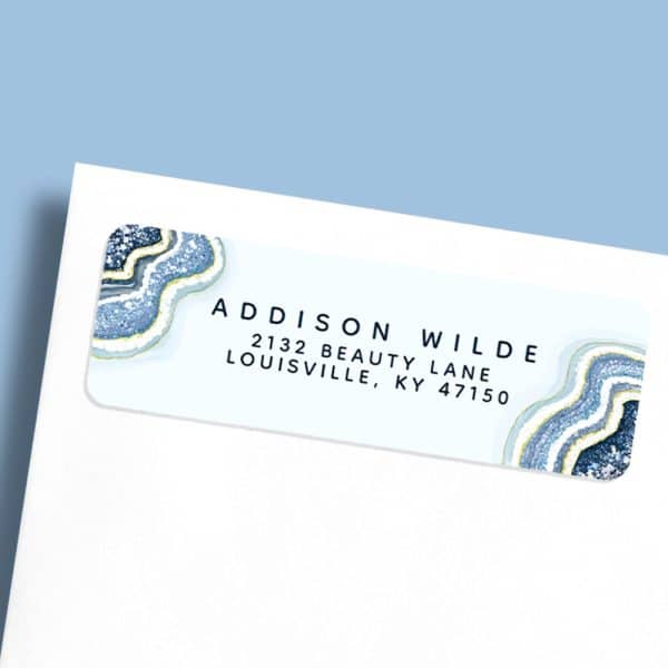 Return Address Label With Blue Agate Design And Addison Wilde'S Address.
