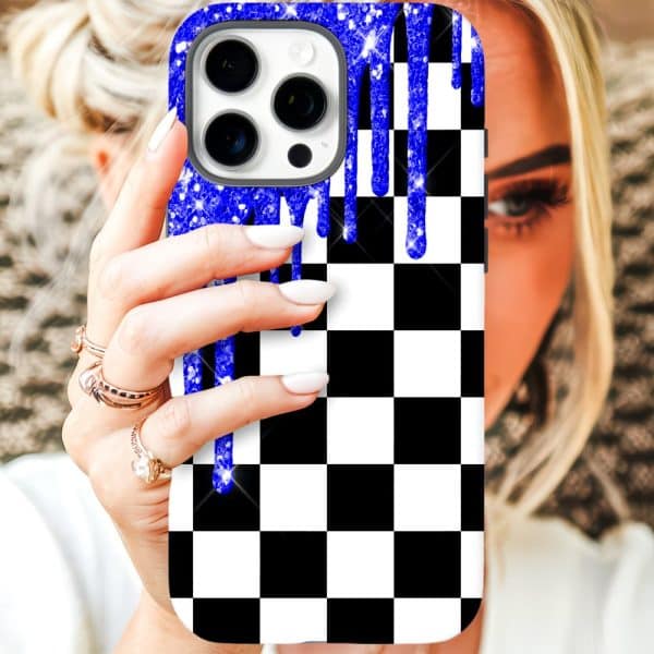 Iphone Case With A Black And White Checkered Pattern And Blue Glitter Drips.