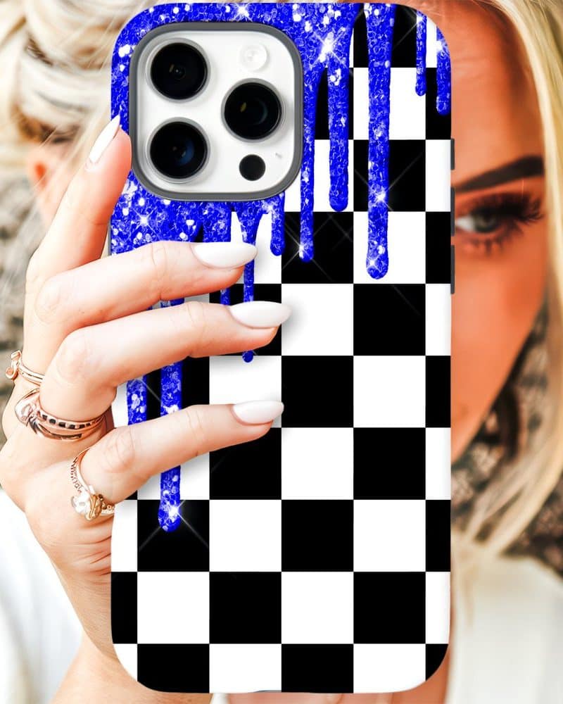 iPhone case with a black and white checkered pattern and blue glitter drips.