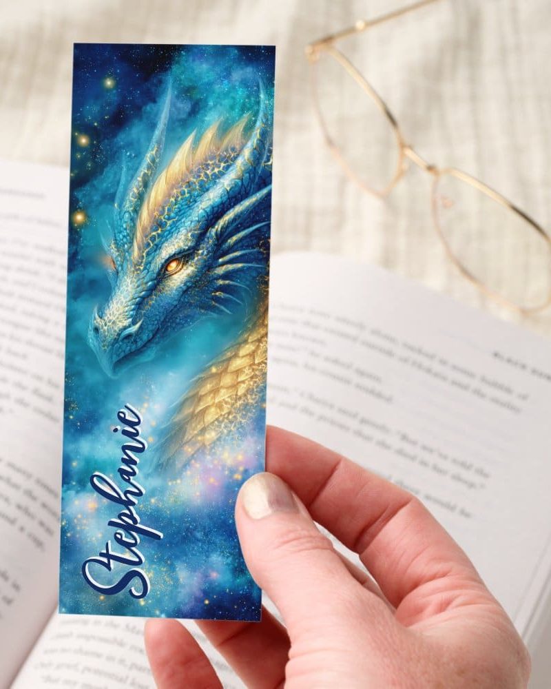 Blue Gold Cosmic Dragon Celestial Personalized Bookmarks