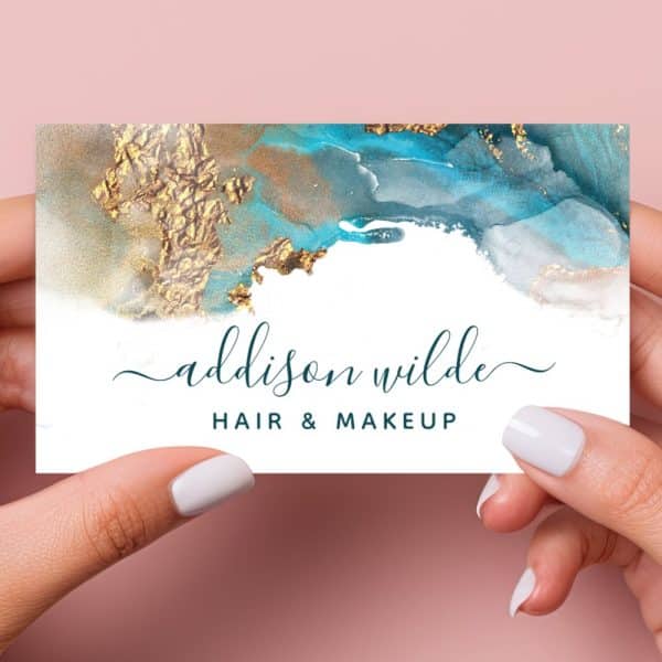 Business Card For Addison Wilde Hair &Amp; Makeup, Featuring Teal And Gold Abstract Watercolor Design.