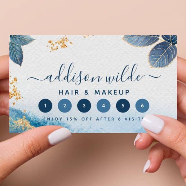 A Six-Visit Loyalty Card For Addison Wilde Hair &Amp; Makeup. The Card Features Blue And Gold Watercolor Designs.