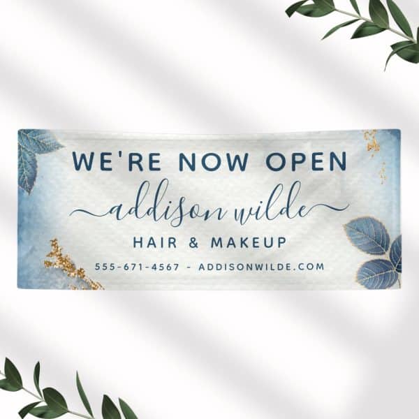 Grand Opening Announcement For Addison Wilde Hair &Amp; Makeup. Blue And Gold Design.
