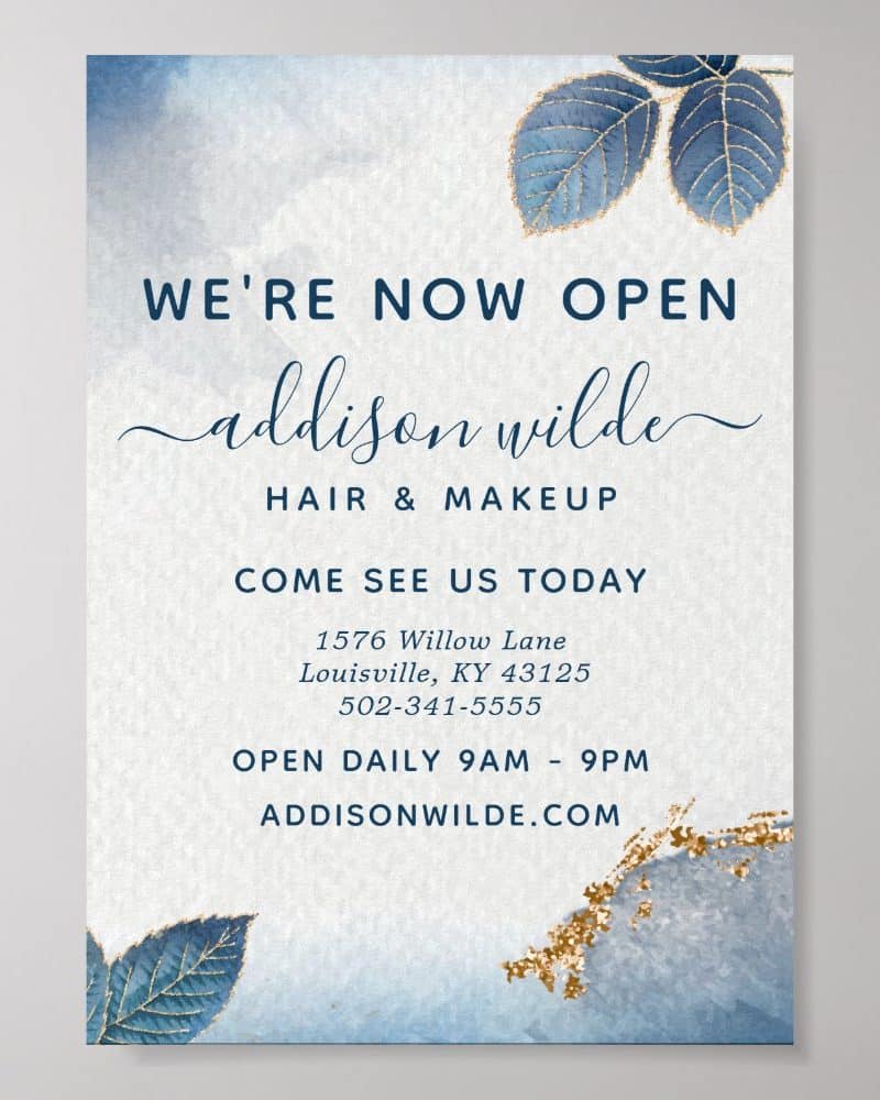 Grand opening announcement for Addison Wilde Hair & Makeup, including address and hours.