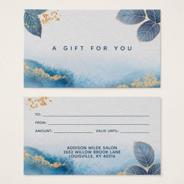 A Blue And Gold Gift Certificate From Addison Wilde Salon In Louisville, Kentucky.