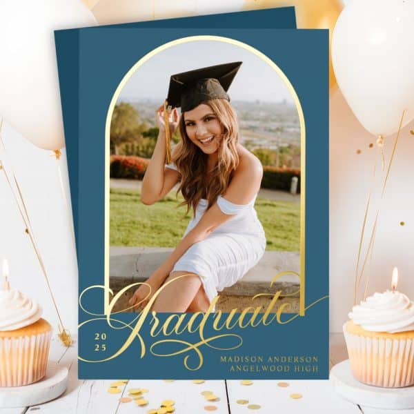 Graduation Announcement Featuring A Photo Of A Smiling Graduate In Cap And Gown.