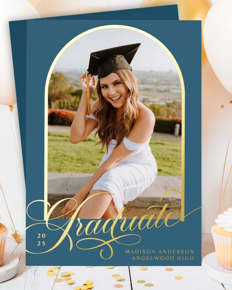 Graduation announcement featuring a photo of a smiling graduate in cap and gown.