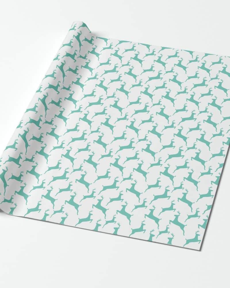 Teal reindeer pattern wrapping paper.