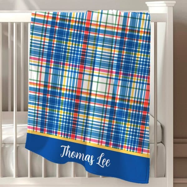 Personalized Blue Plaid Baby Blanket With The Name Thomas Lee.