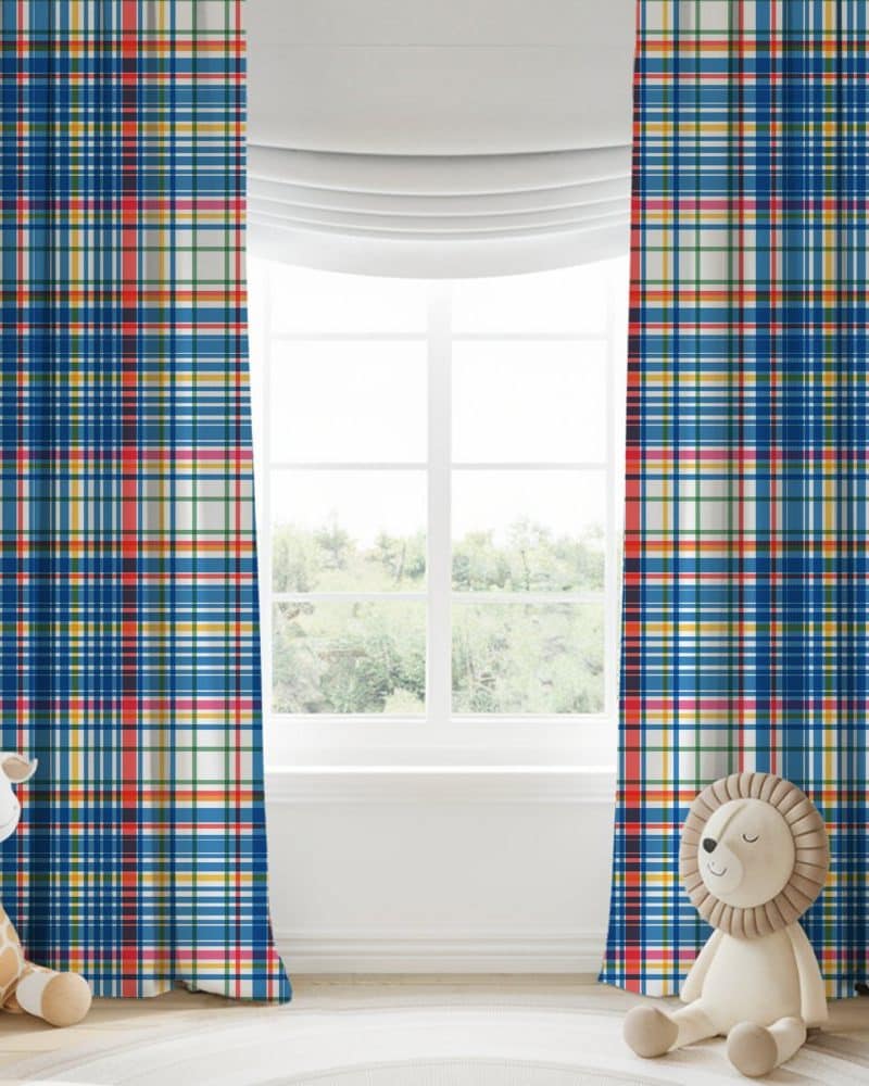 Blue plaid curtains with multicolored stripes.