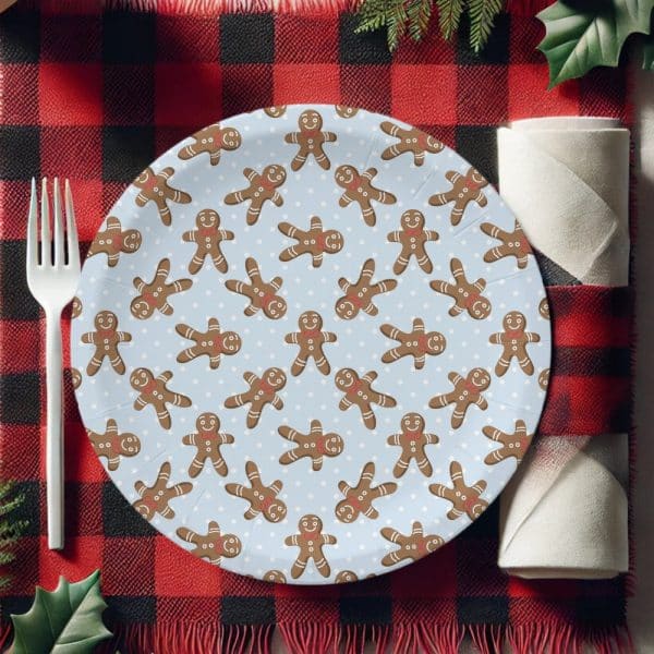 A Light Blue Paper Plate Decorated With A Repeating Pattern Of Gingerbread Men.