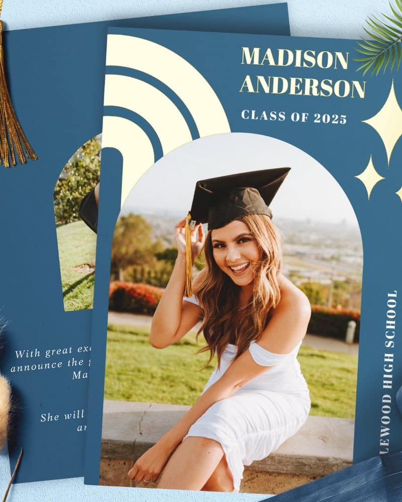 Graduation announcement featuring Madison Anderson, Class of 2025, in cap and gown.
