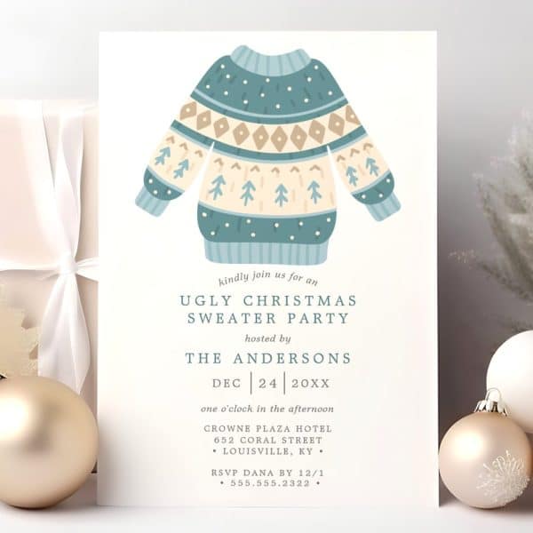 Invitation To An Ugly Christmas Sweater Party Featuring A Teal, Beige, And White Illustrated Sweater.