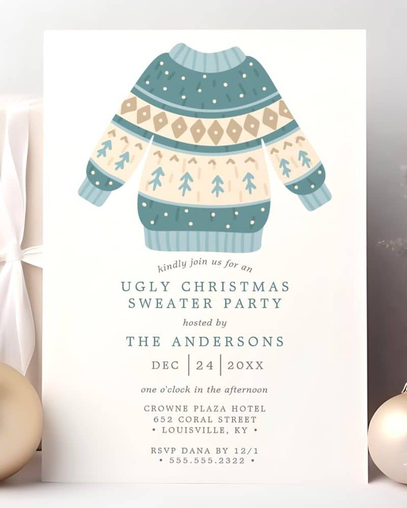 Invitation to an ugly Christmas sweater party featuring a teal, beige, and white illustrated sweater.