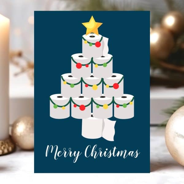 Christmas Card Depicting A Christmas Tree Made Of Toilet Paper Rolls Decorated With Colorful Lights And A Gold Star.