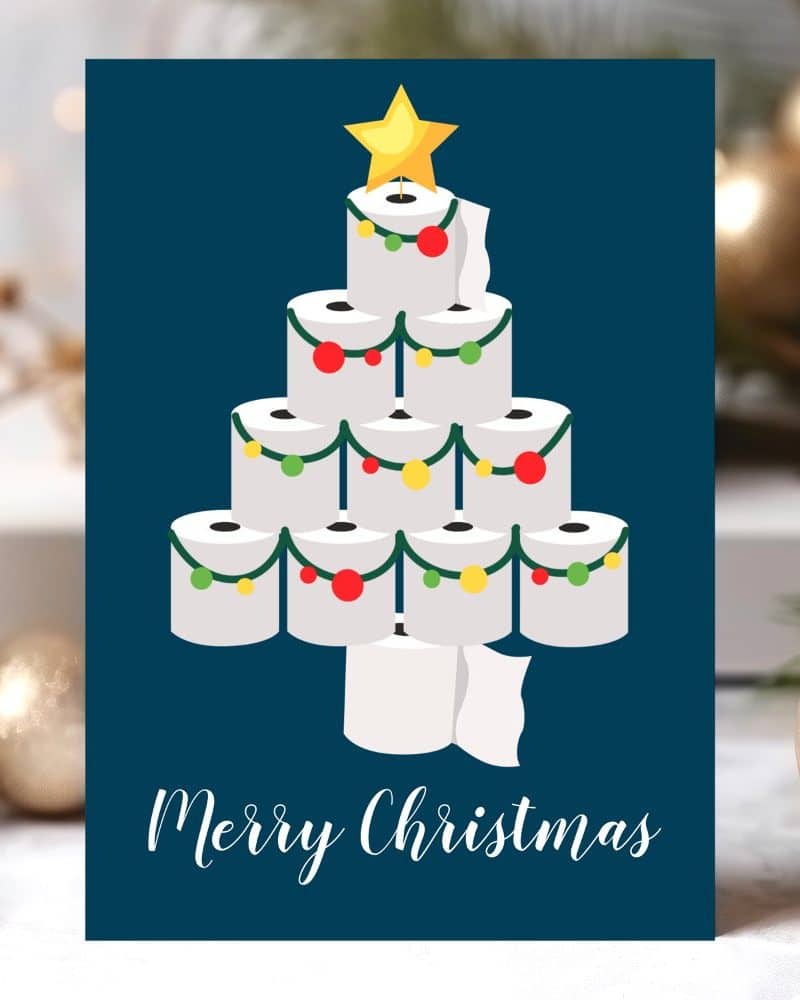 Christmas card depicting a Christmas tree made of toilet paper rolls decorated with colorful lights and a gold star.