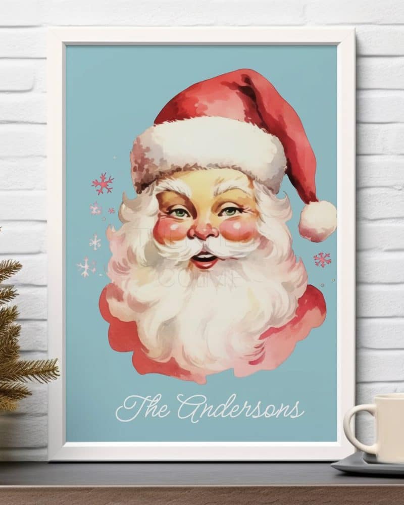 A framed illustration of Santa Claus's face, with the Andersons family name below.