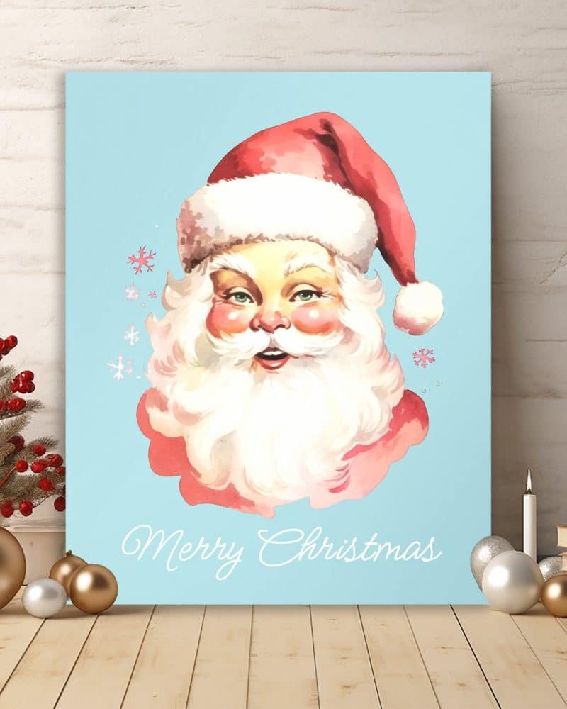 A light blue Christmas print featuring Santa's smiling face and the words Merry Christmas.